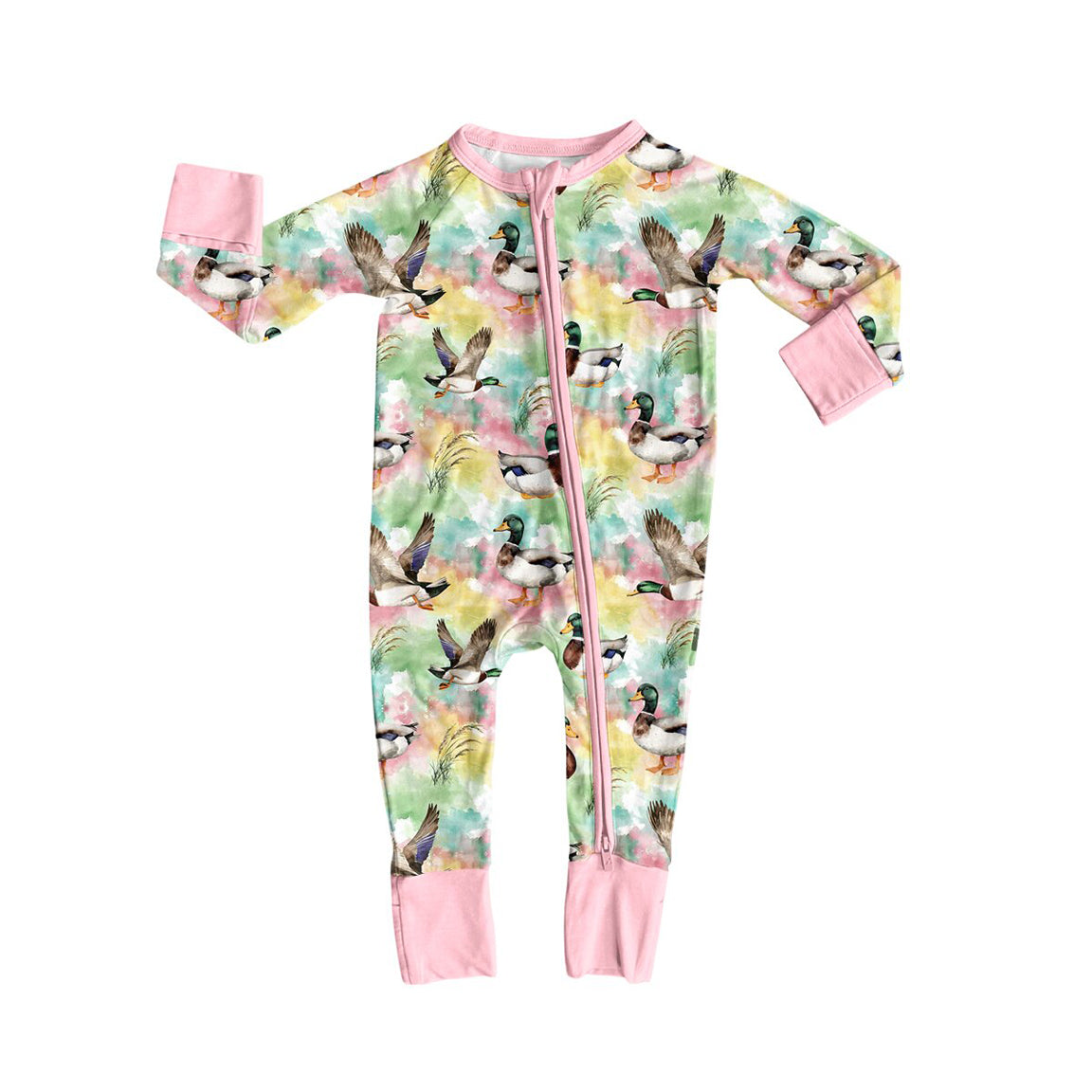 9.30 LR3378 Preorder  Baby Girls Mallard Duck Zipper Sleeve Romper