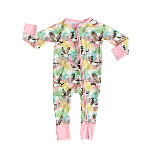 9.30 LR3378 Preorder  Baby Girls Mallard Duck Zipper Sleeve Romper