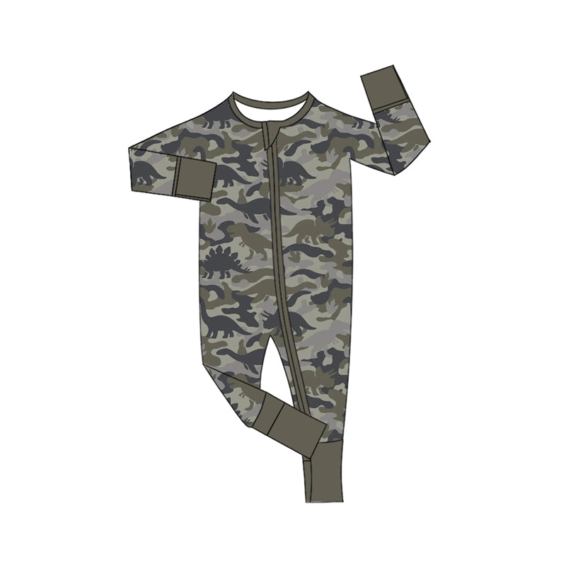 9.30 LR3379 Preorder  Baby Boys Camo Dinosaur Zipper Sleeve Romper