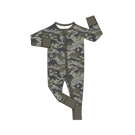 9.30 LR3379 Preorder  Baby Boys Camo Dinosaur Zipper Sleeve Romper