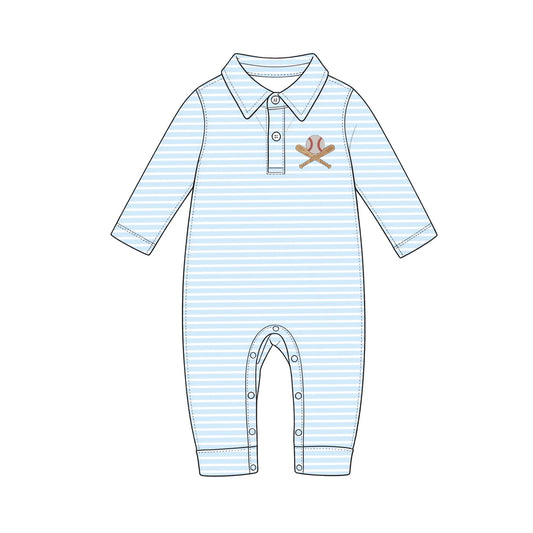 9.30 LR3381 Preorder Baby Boys Baseball Blue Striped Long Sleeve Shirt Romper