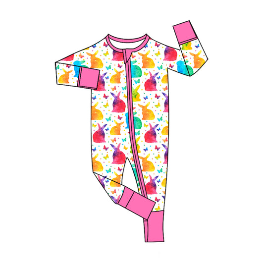 10.3 LR3383 Preorder Baby Boys Easter Rainbow Bunny Print Long Sleeve Zipper Romper