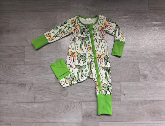 10.3 LR3384 Preorder Baby Girls Patrick's Day Bow Print Long Sleeve Zipper Romper