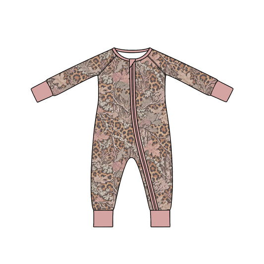 10.10 LR3387 Preorder Branch Leopard Print Baby Girls Zipper Sleeper Romper