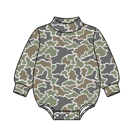 10.17 LR3397 Preorder Green Grey Brown Camo Print Baby Mock Neck Long Sleeve Romper