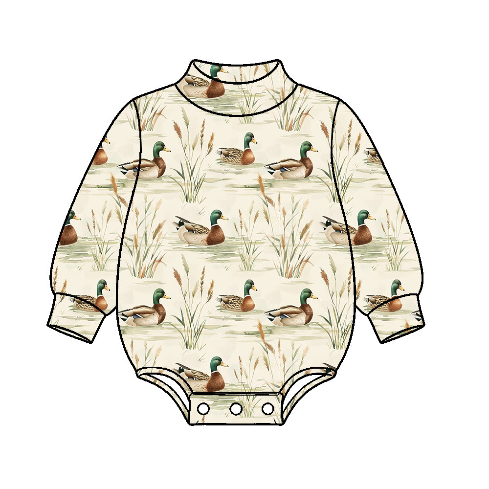 10.17 LR3398 Preorder Mallard Duck Print Baby Mock Neck Long Sleeve Romper