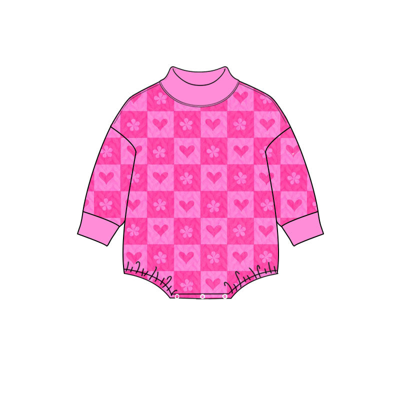 10.17 Preorder LR3399 Baby Girls Pink Checkerboard Heart Long Sleeve  Romper