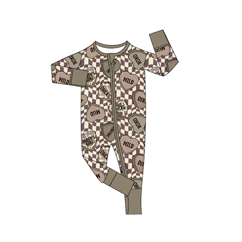10.17 Preorder LR3402 Baby Boys Checkered Heart Long Sleeve Zipper Romper