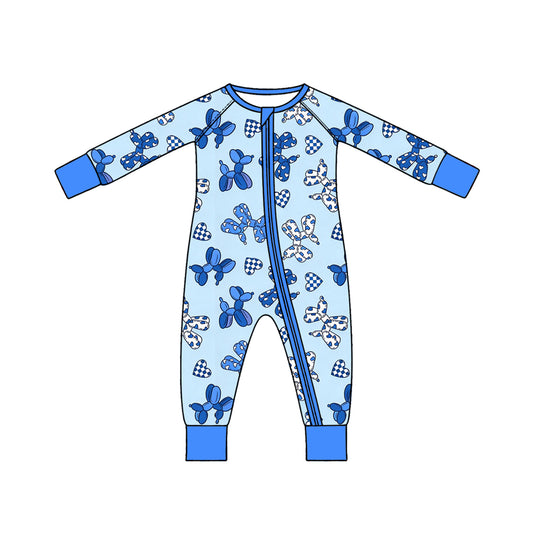 10.17 LR3405 Preorder Blue Balloon Bows Heart Print Baby Boys Valentine's Day Zipper Sleeper Romper