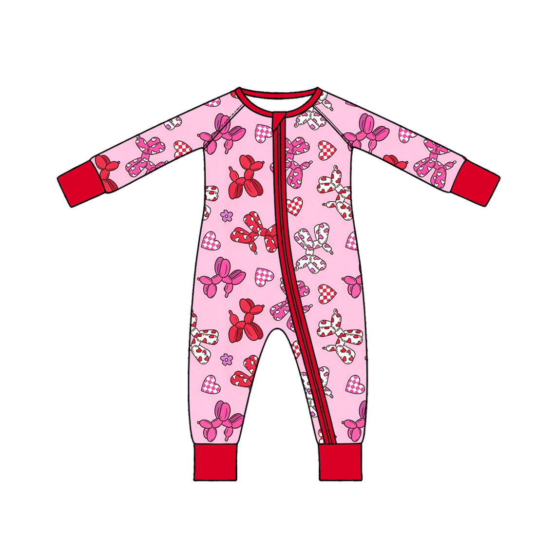 10.17 LR3406 Preorder Pink Balloon Bows Heart Print Baby Girls Valentine's Day Zipper Sleeper Romper
