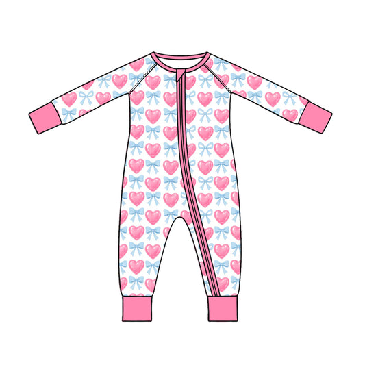 10.17 LR3408 Preorder Hearts Bows Print Baby Girls Valentine's Day Zipper Sleeper Romper