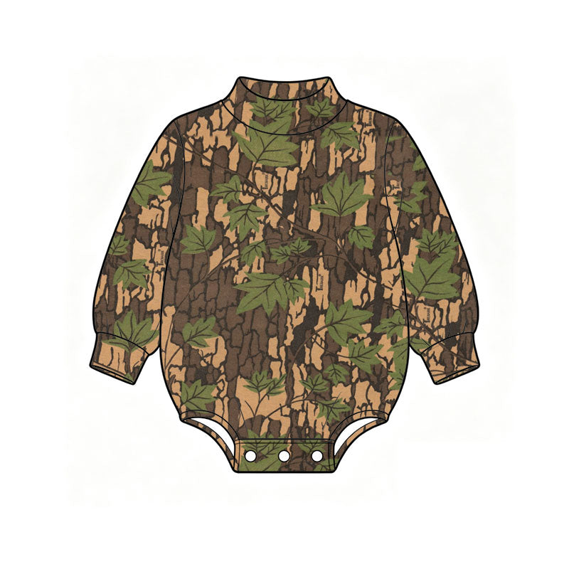 10.23 LR3413 Preorder Tree Leaf Camo Print Baby Mock Neck Long Sleeve Romper
