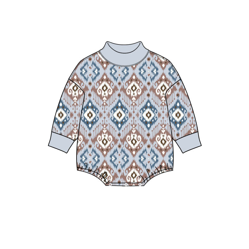 10.24 LR3419 Preorder Aztec Blue Brown Grey Print Baby Mock Neck Long Sleeve Romper