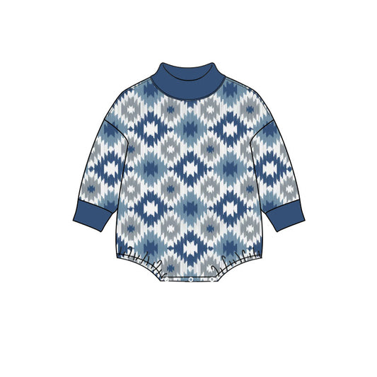 10.24 LR3421 Preorder Aztec Blue Grey Print Baby Mock Neck Long Sleeve Romper