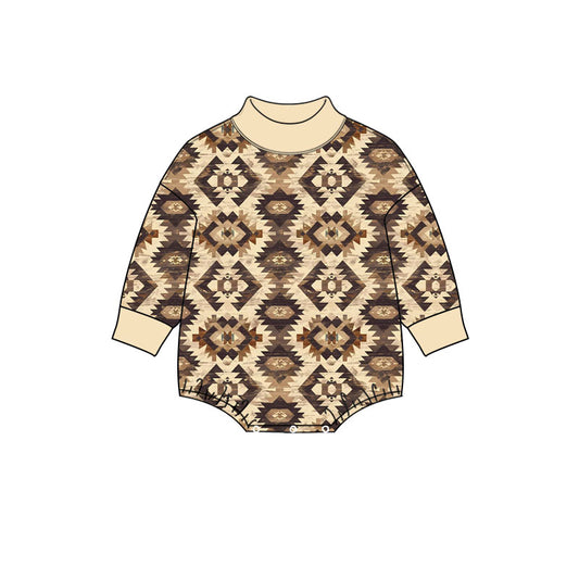 10.24 LR3422 Preorder Aztec Cream Brown Print Baby Mock Neck Long Sleeve Romper