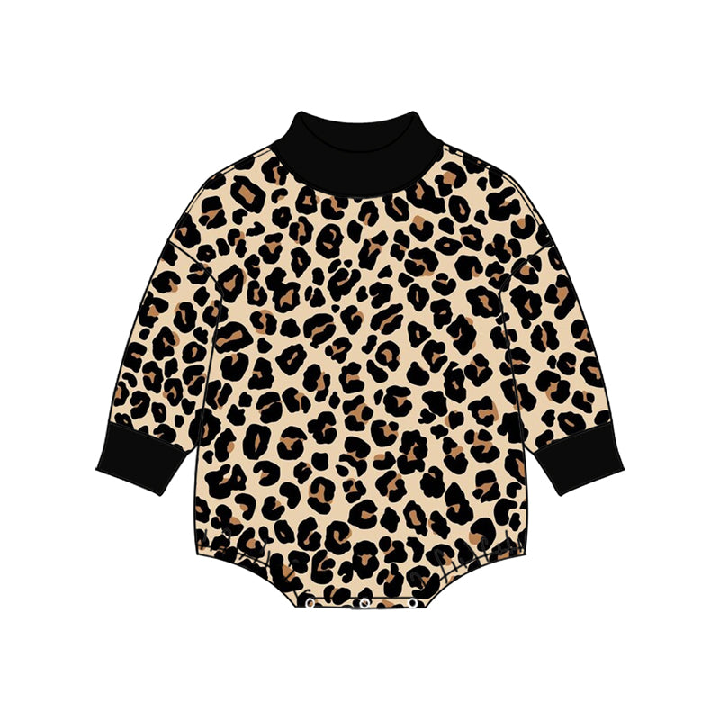 10.27 LR3432 Preorder  Baby Girls Black Leopard Mock Neck Long Sleeve Romper