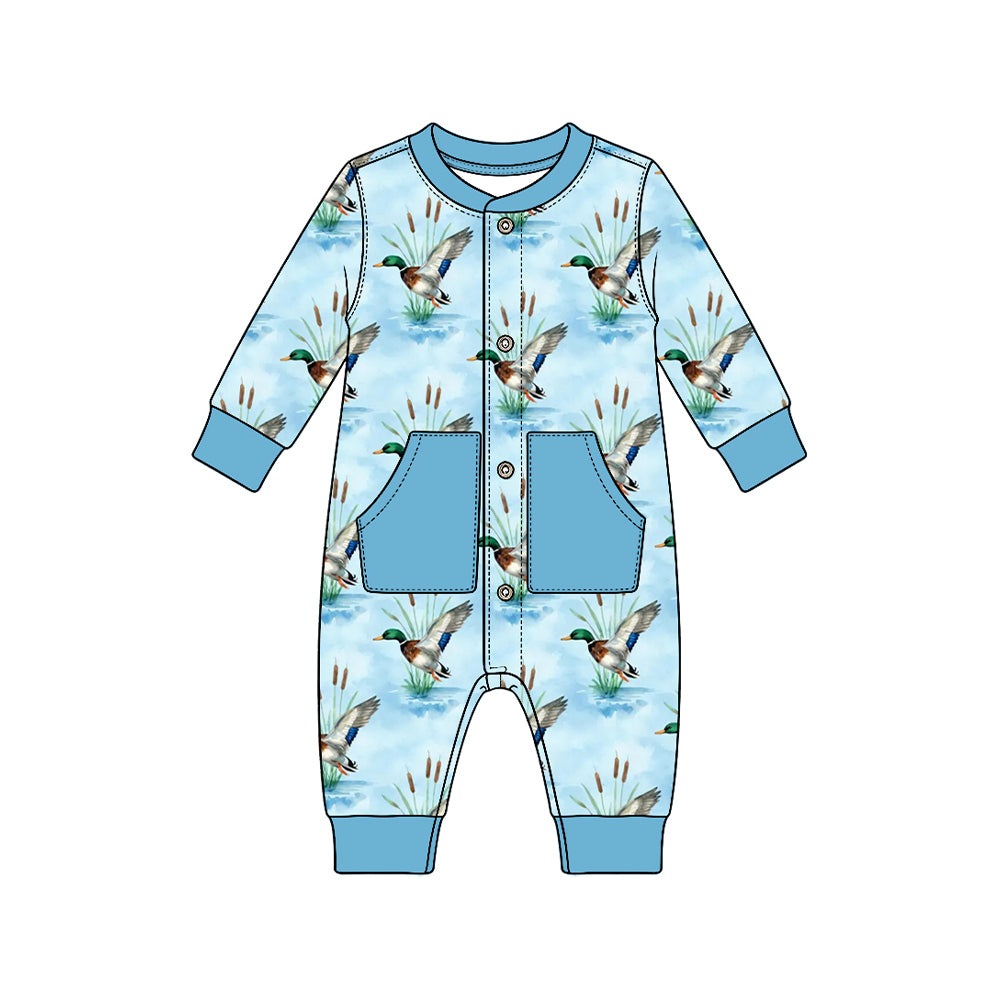 10.30 LR3443 Preorder Duck Blue Print Pockets Baby Boys Long Sleeve Romper