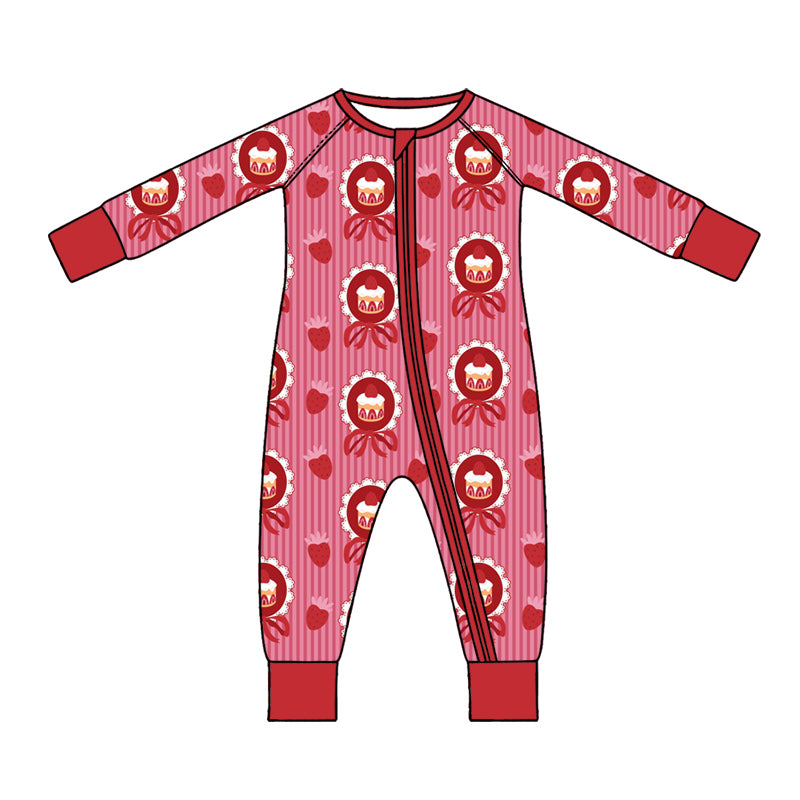 10.30 LR3452 Preorder Cake Bows Stripes Print Baby Girls Valentine's Day Zipper Sleeper Romper