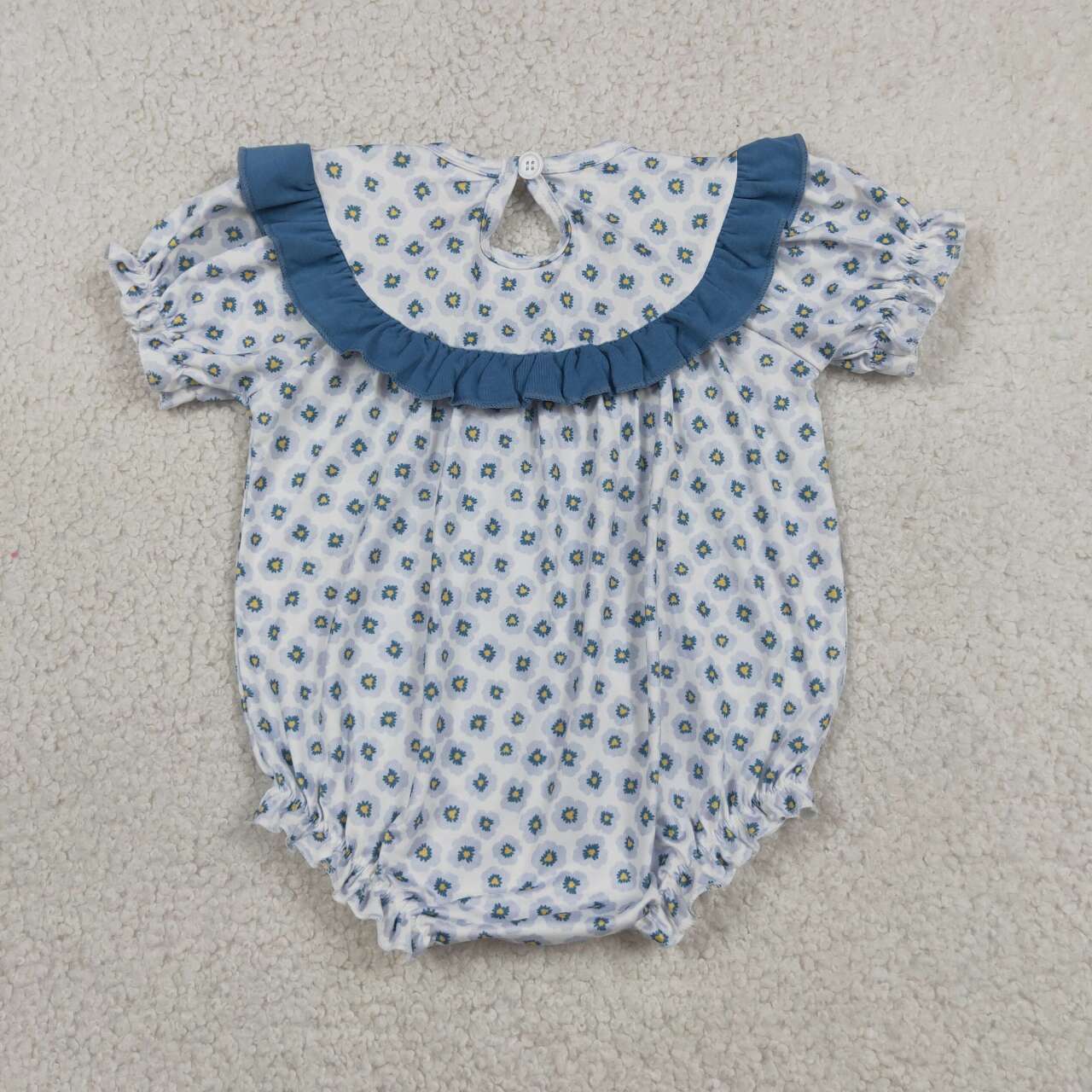SR4141 DADDYS GIRL Embroidery Blue Flowers Print Baby Girls Summer Smocked Romper