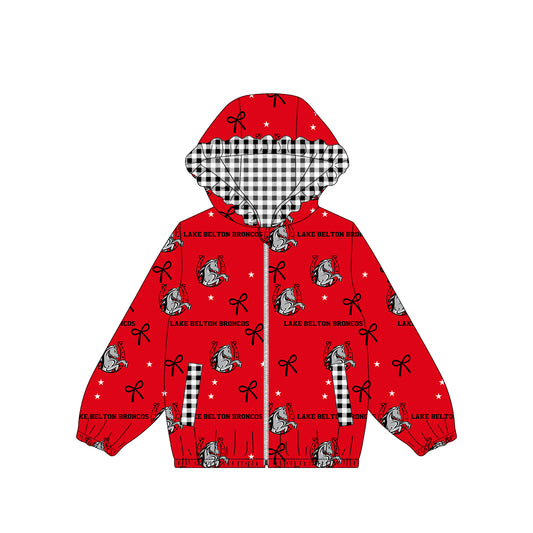 (Custom Design Preorder MOQ 5) Teams Lake Belton Broncos Bows Stars Print Girls Pockets Zipper Ruffle Hoodie Yoga Jacket Top