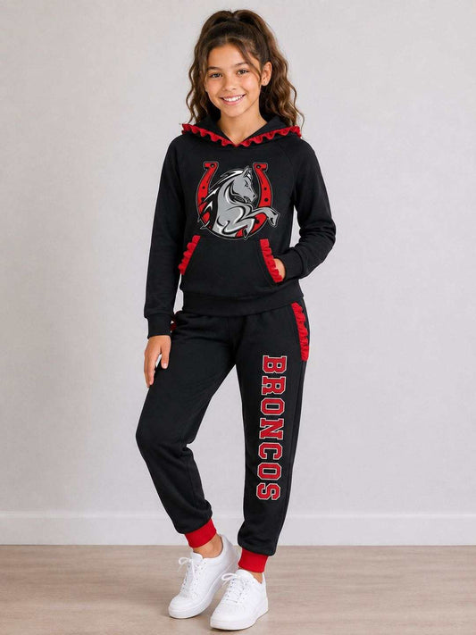 (Custom Design Preorder MOQ 5) Teams Lake Belton Broncos Black Red Ruffles Hoodie Top Pockets Joggers Pants Woman Yoga Clothes Set