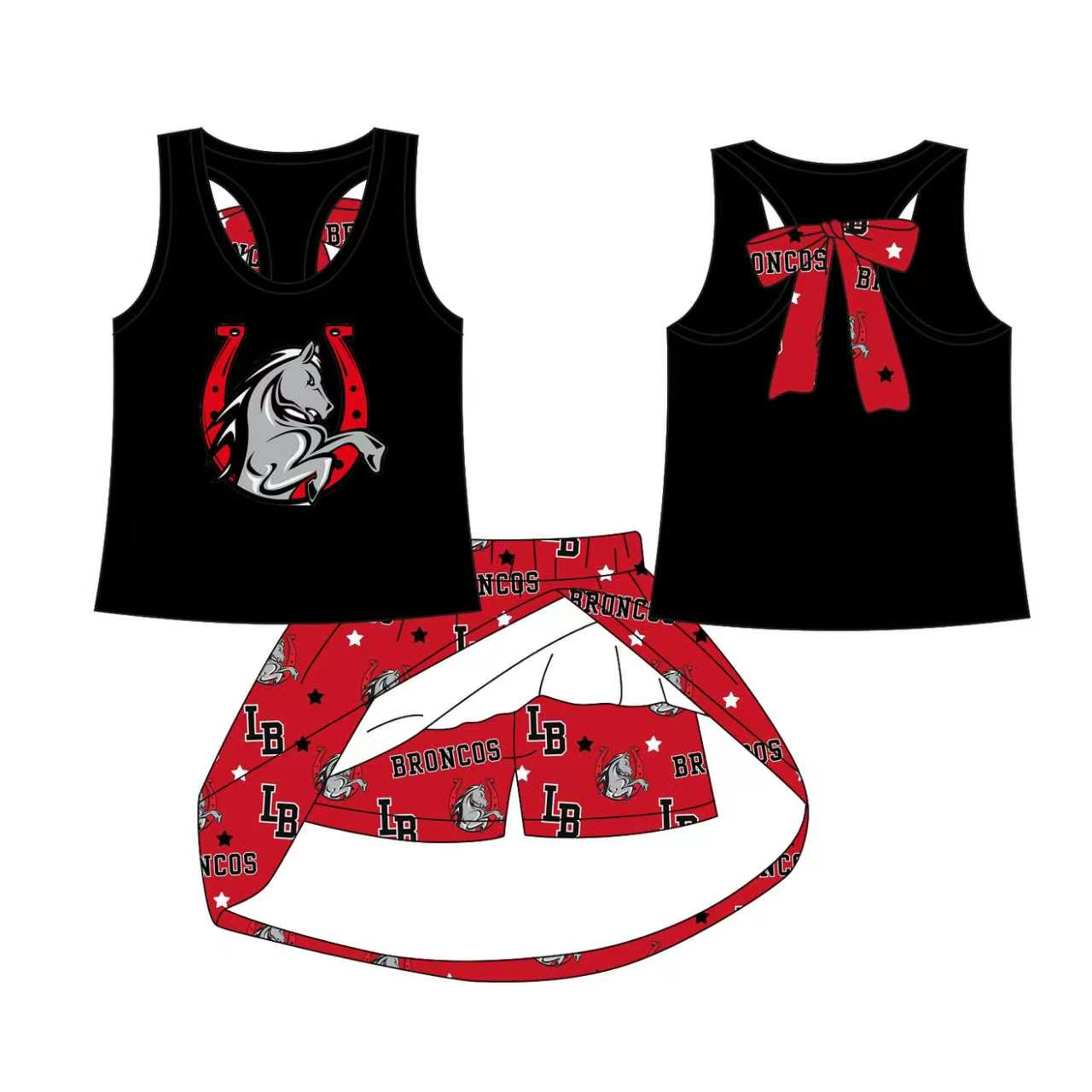 (Custom Design Preorder MOQ 5) Teams Lake Belton Broncos Black Tank Top Skort Girls Summer Yoga Clothes Set