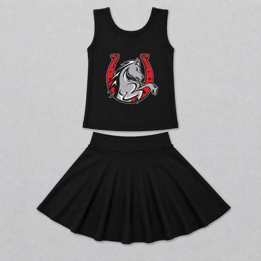 (Custom Design Preorder MOQ 5) Teams Lake Belton Broncos Black Tank Top Skort Girls Summer Yoga Clothes Set