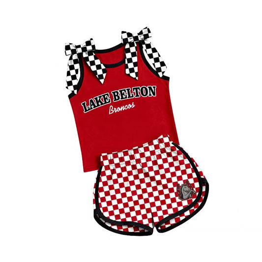 (Custom Design Preorder MOQ 5) Teams Lake Belton Broncos Bows Vest Top Checkerd Shorts Mommy and Me Summer Yoga Clothes Set