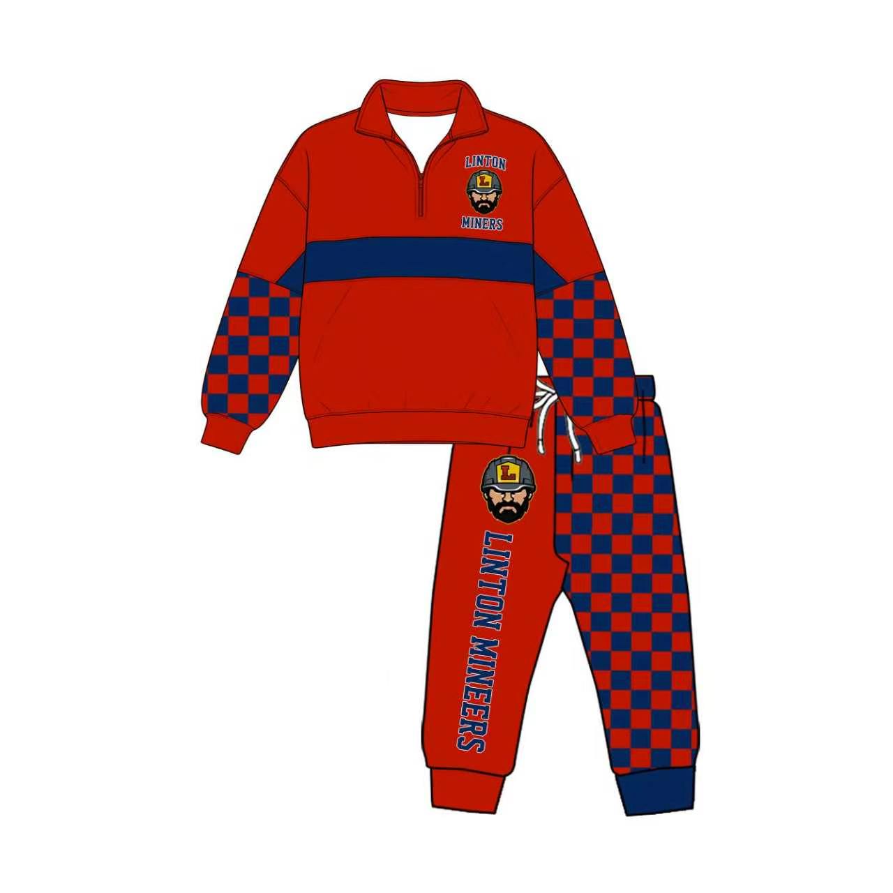 (Custom Design Preorder MOQ 5)  Teams Linton Miners Red Print Kids & Adult Long Sleeve Zipper Top Pockets Joggers Pants Clothes Set