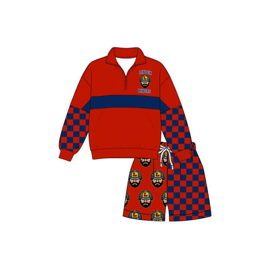 (Custom Design Preorder MOQ 5)  Teams Linton Miners Red Print Kids & Adult Long Sleeve Zipper Top Pockets Shorts Clothes Set