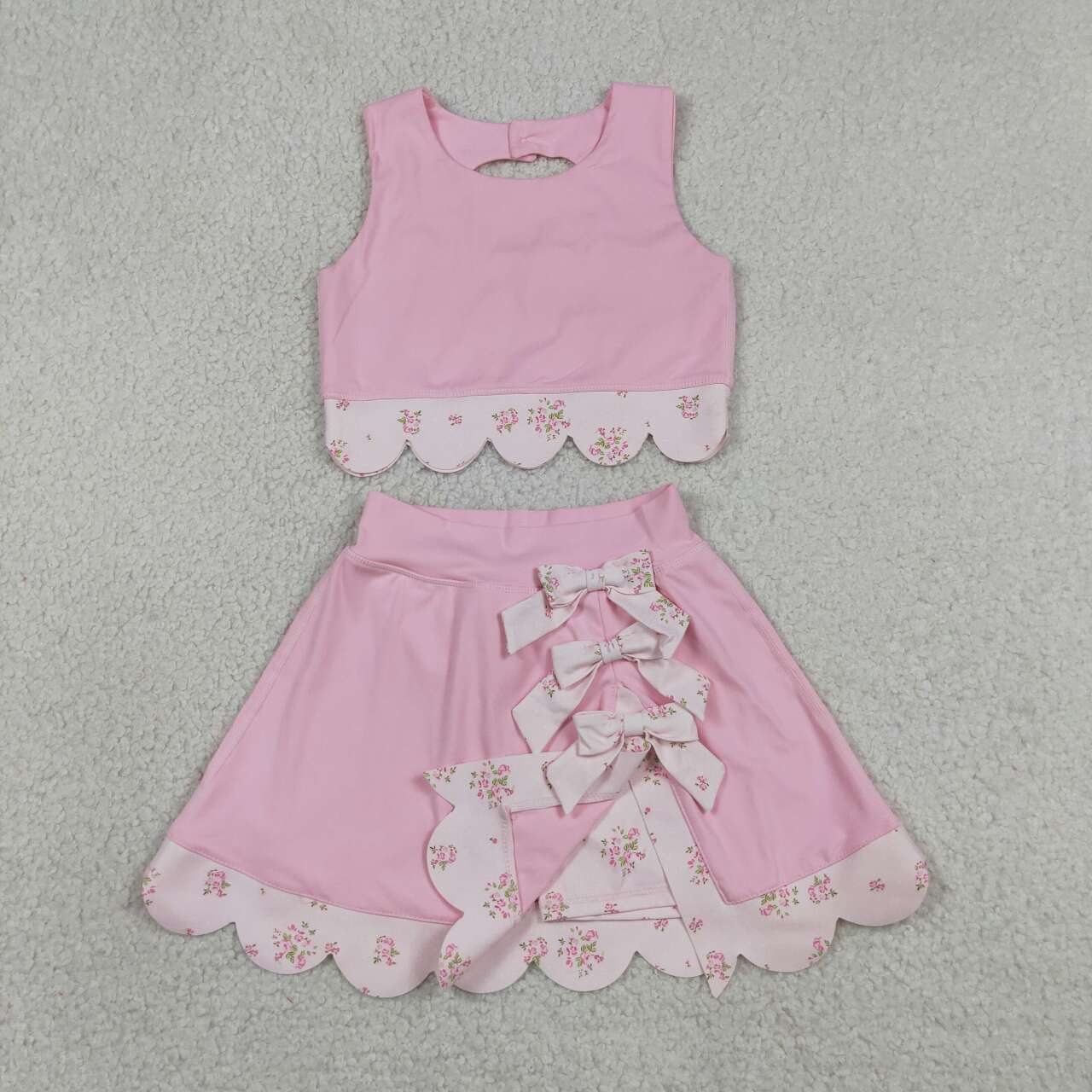 Pink Tank Top Bows Skort Girls Scallop Yoga Clothes Set