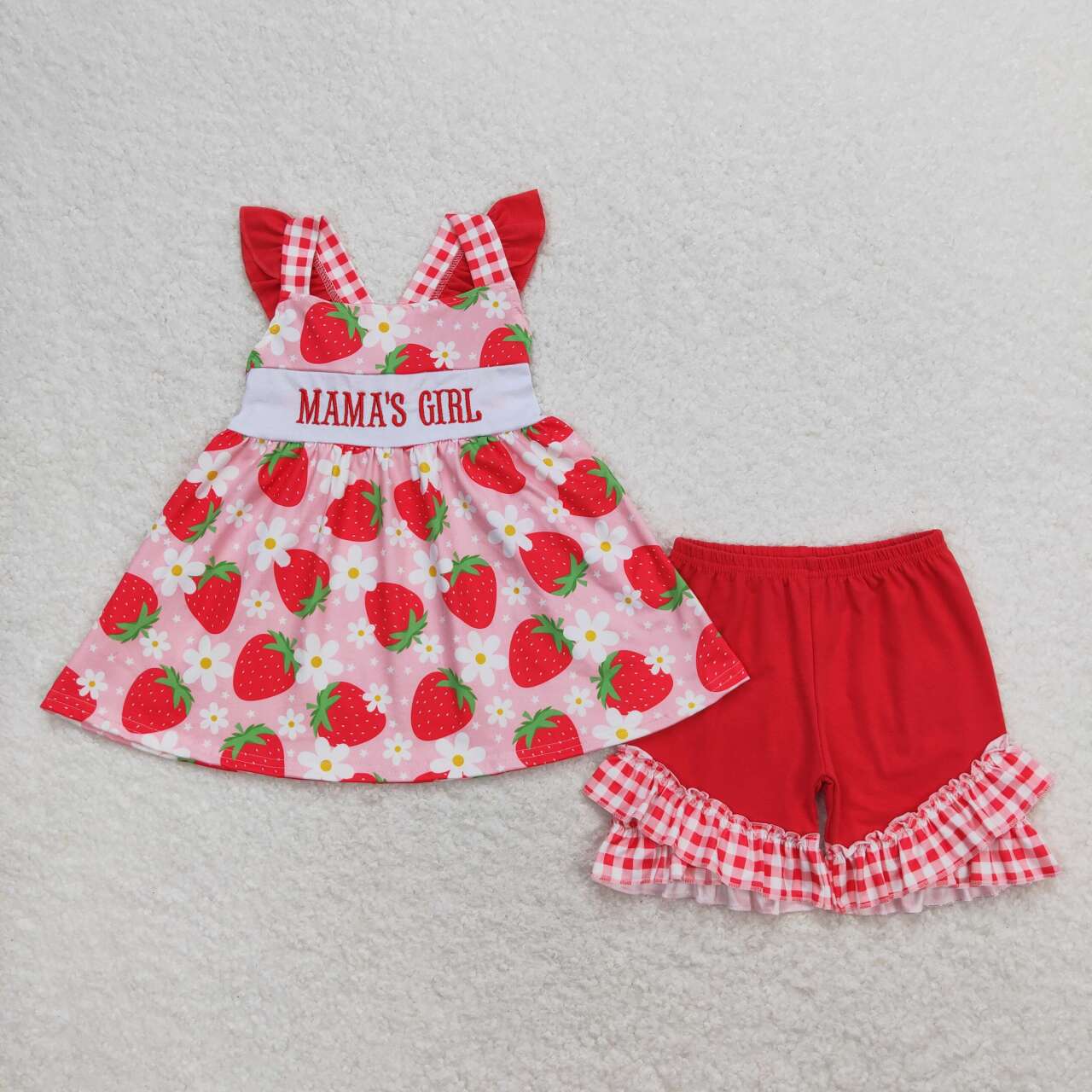GSSO0835  MAMAS GIRL Embroidery Strawberry Tunic Top Ruffle Shorts Girls Summer Clothes Set