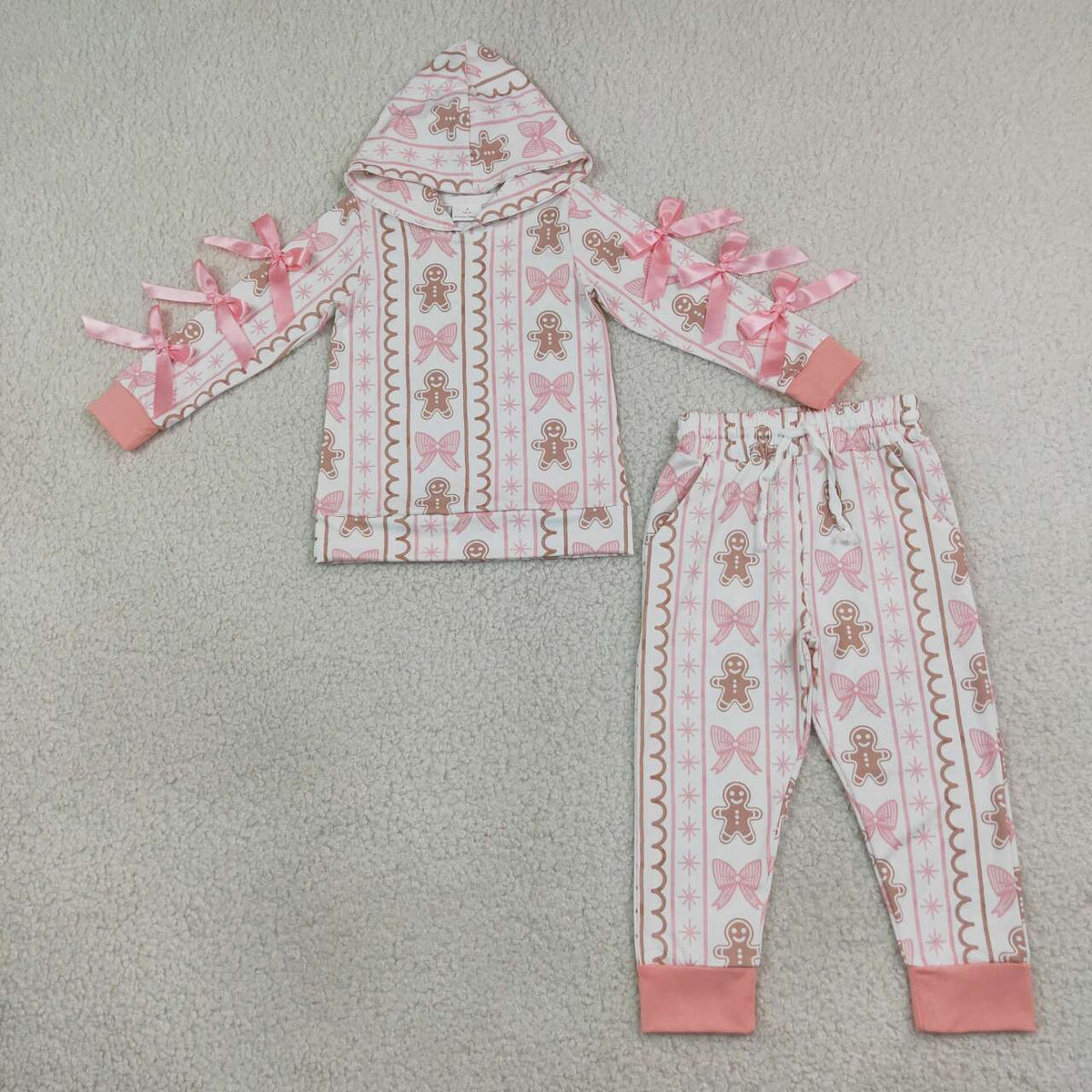 GLP3614 Gingerbread Pink Bows Hoodie Top Pockets Jogger Girls Christmas Clothes Set