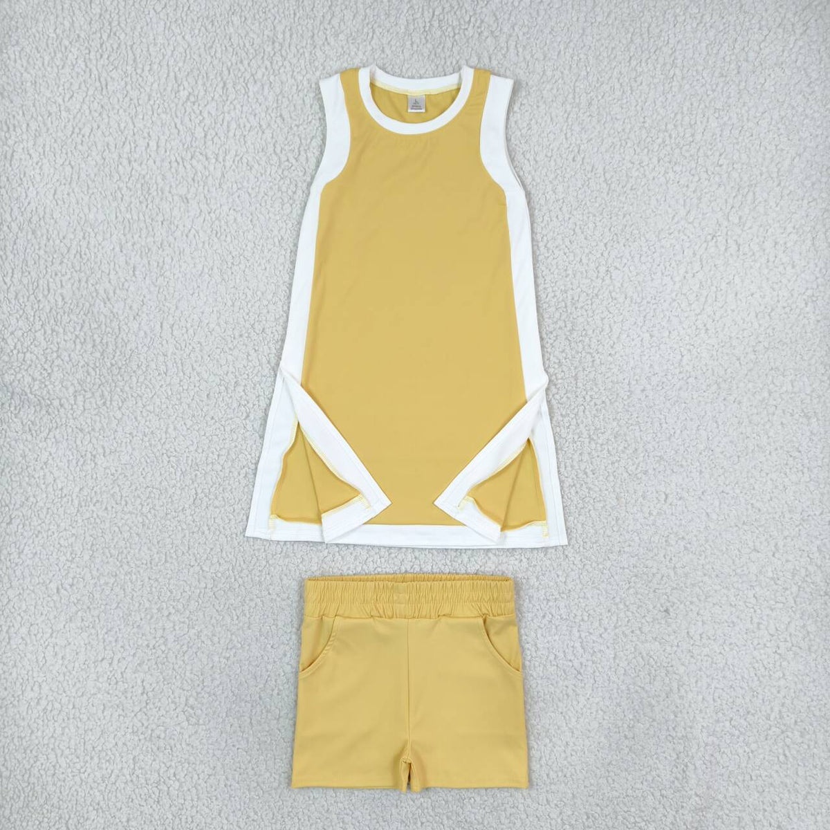GSSO3846 Yellow With White Active Sleeveless Top Pockets Shorts Girls Yoga Clothes Set