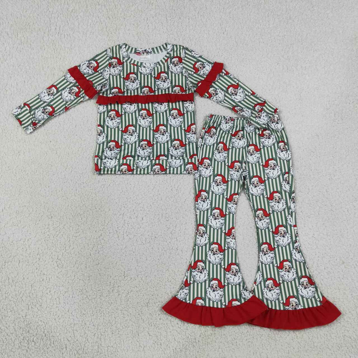GLP3452 Santa Green Stripes Ruffle Top Bell Pants Girls Christmas Clothes Set