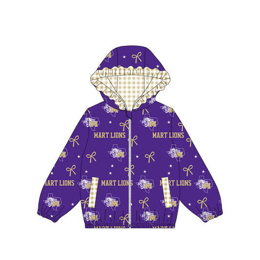 (Custom Design Preorder MOQ 5) Teams Mart Lions Bows Stars Print Girls Pockets Zipper Ruffle Hoodie Yoga Jacket Top