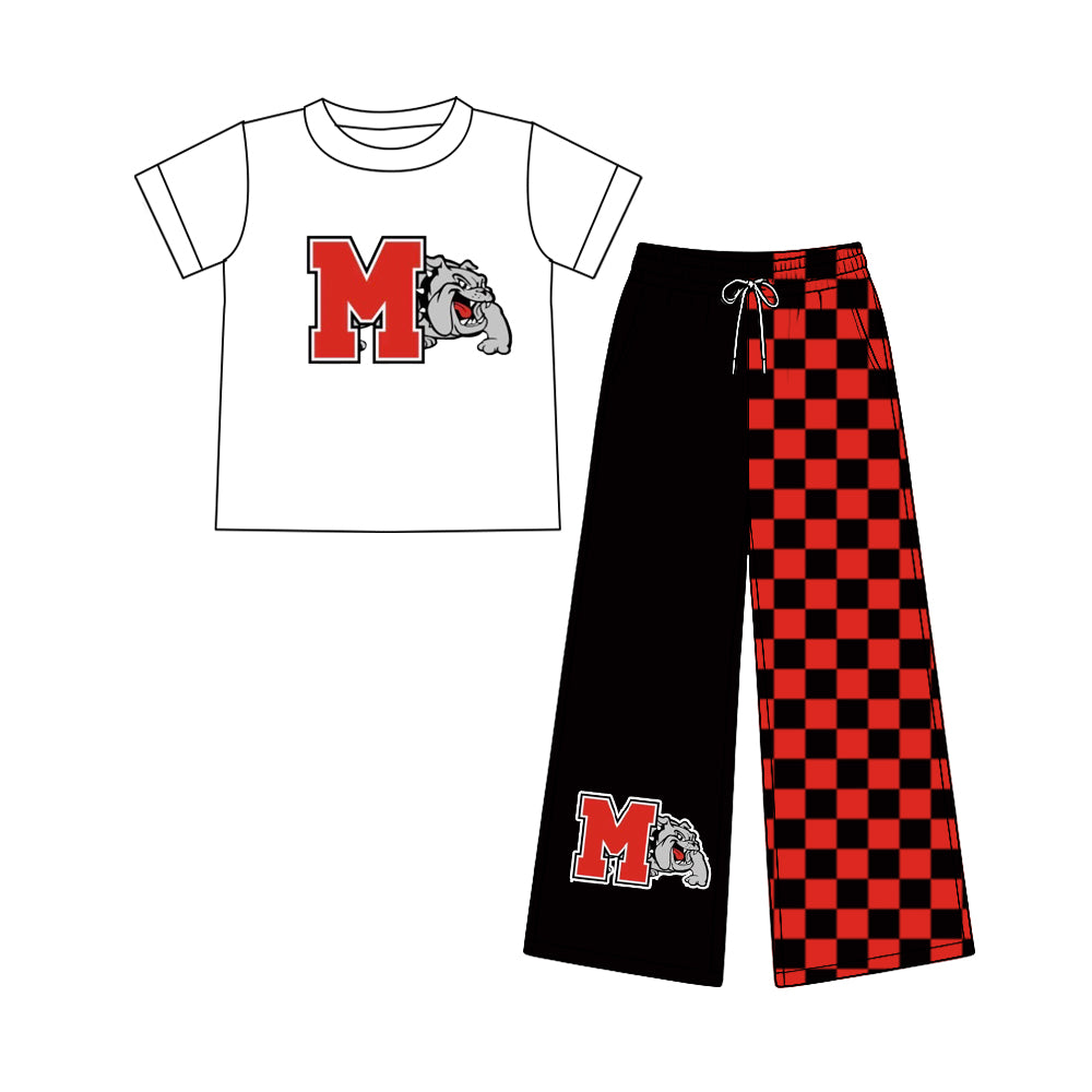 (Custom Design Preorder MOQ 5) Teams Miles Bulldogs White Top Checkered Straight Pants Girls Clothes Set