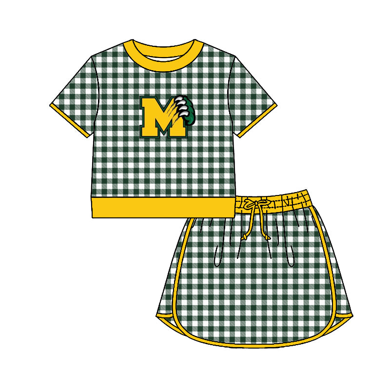 (Custom Design Preorder MOQ 5) Teams Moody Bearcats Top Green Checkerd Skort Girls Summer Yoga Clothes Set