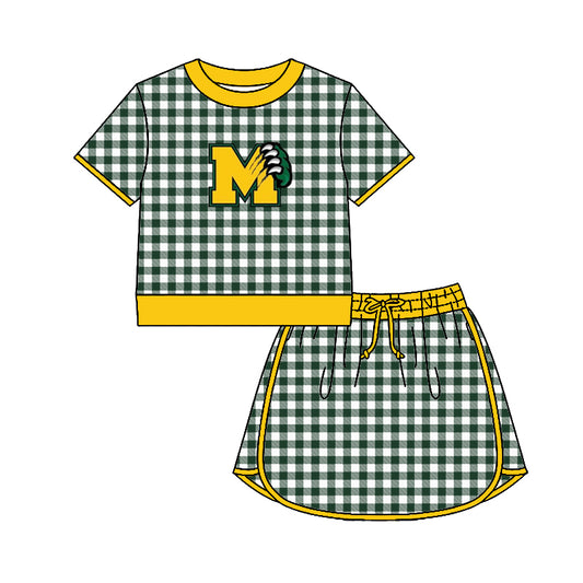 (Custom Design Preorder MOQ 5) Teams Moody Bearcats Top Green Checkerd Skort Girls Summer Yoga Clothes Set