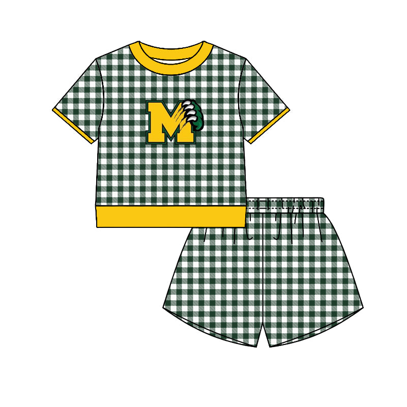 (Custom Design Preorder MOQ 5) Teams Moody Bearcats Top Green Checkerd Shorts Mommy and Me Summer Yoga Clothes Set