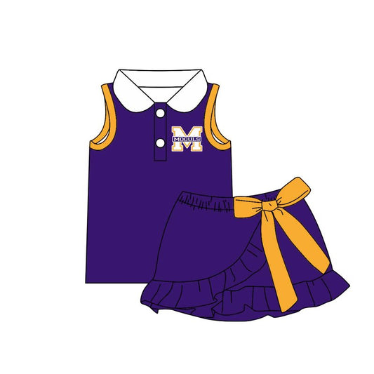 (Custom Design Preorder MOQ 5) Teams Munday Moguls Top Gold Bows Skort Girls Summer Yoga Clothes Set