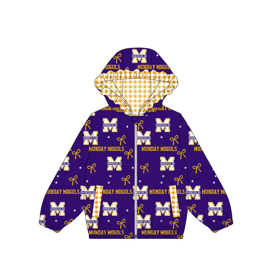 (Custom Design Preorder MOQ 5) Teams Munday Moguls Bows Stars Print Girls Pockets Zipper Ruffle Hoodie Yoga Jacket Top