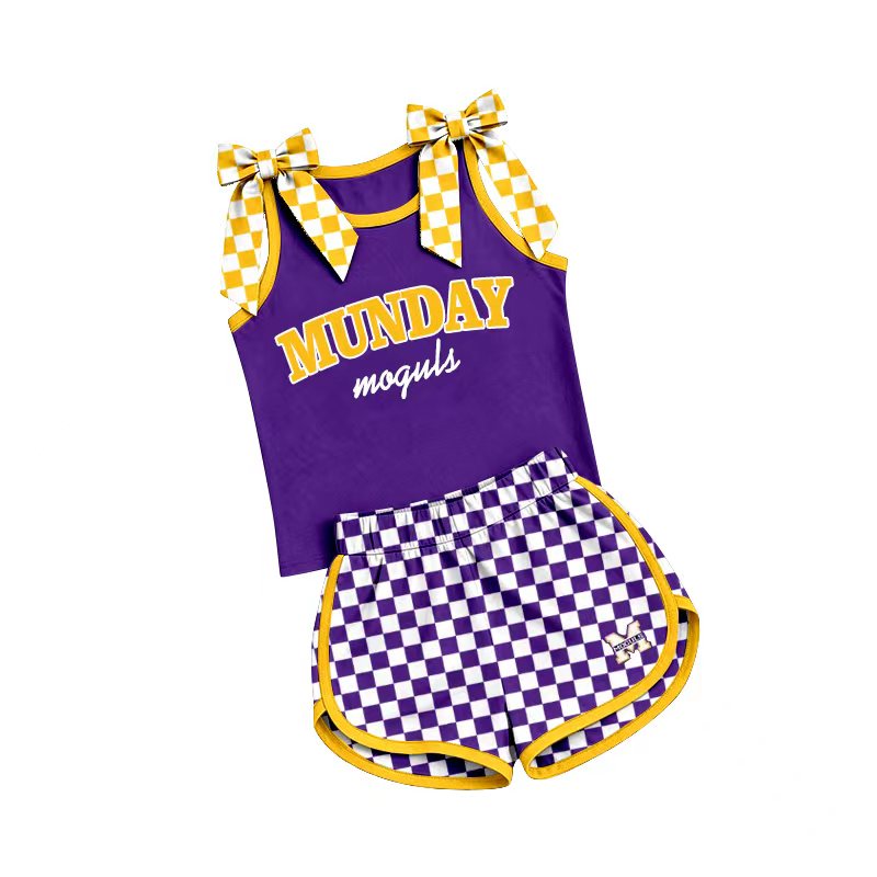 (Custom Design Preorder MOQ 5) Teams Munday Moguls Bows Vest Top Checkerd Shorts Mommy and Me Summer Yoga Clothes Set