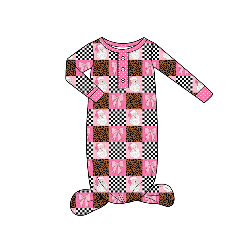 8.26 NB0055 Preorder Santa Pink Bows Checkered Print Baby Girls Christmas Newborn Gown