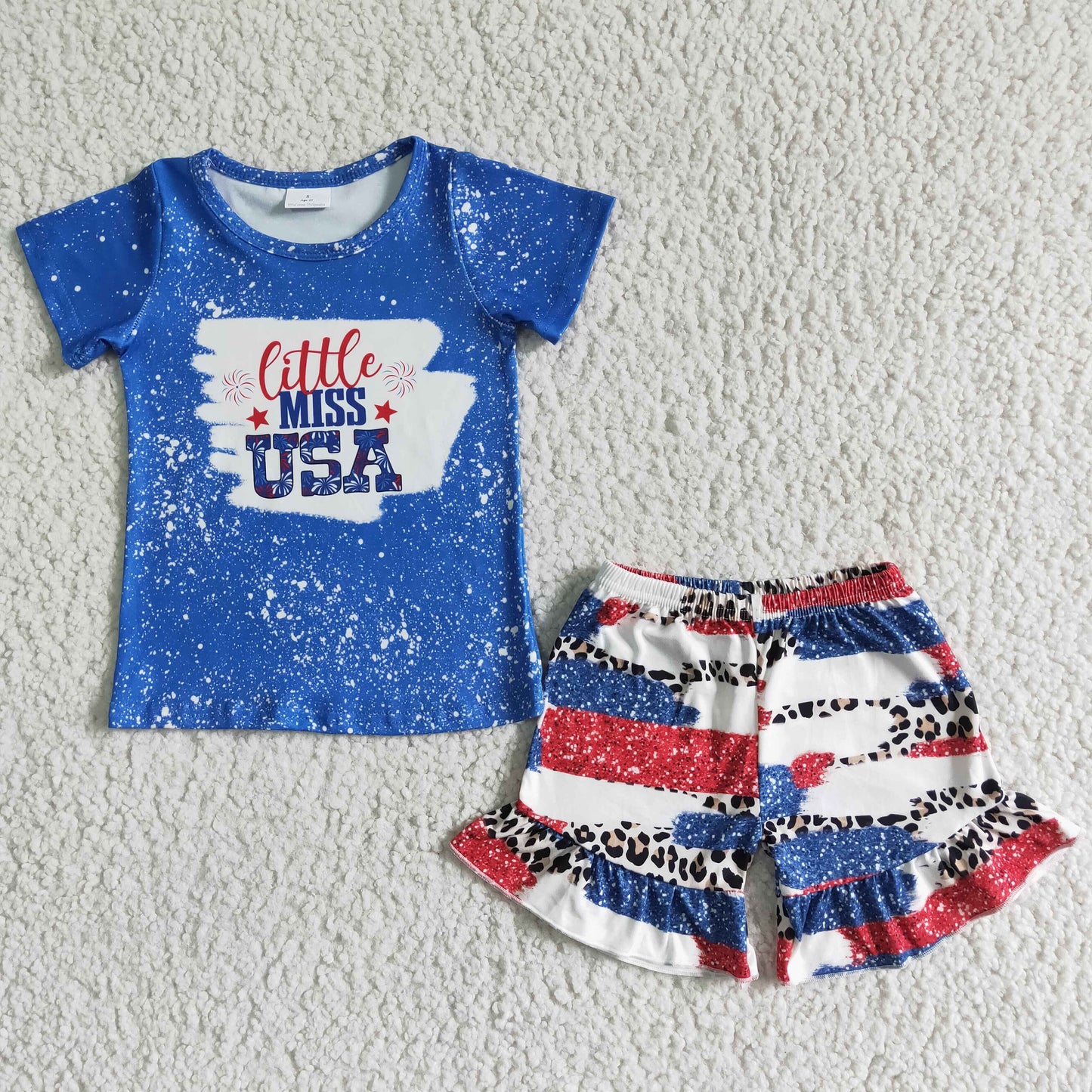 (Promotion)NC0005  Little Miss USA Blue Top Leopard Shorts Girls 4th of July Clothes Set