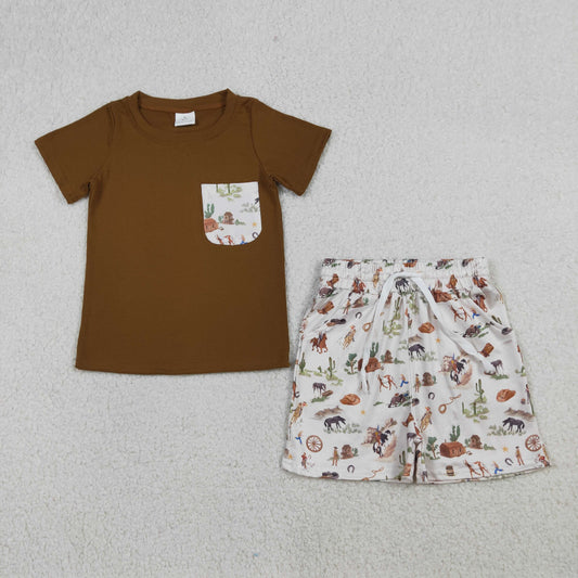 BSSO1825 Baby Boys Western Cowboys Brown Top With Shorts Outfit