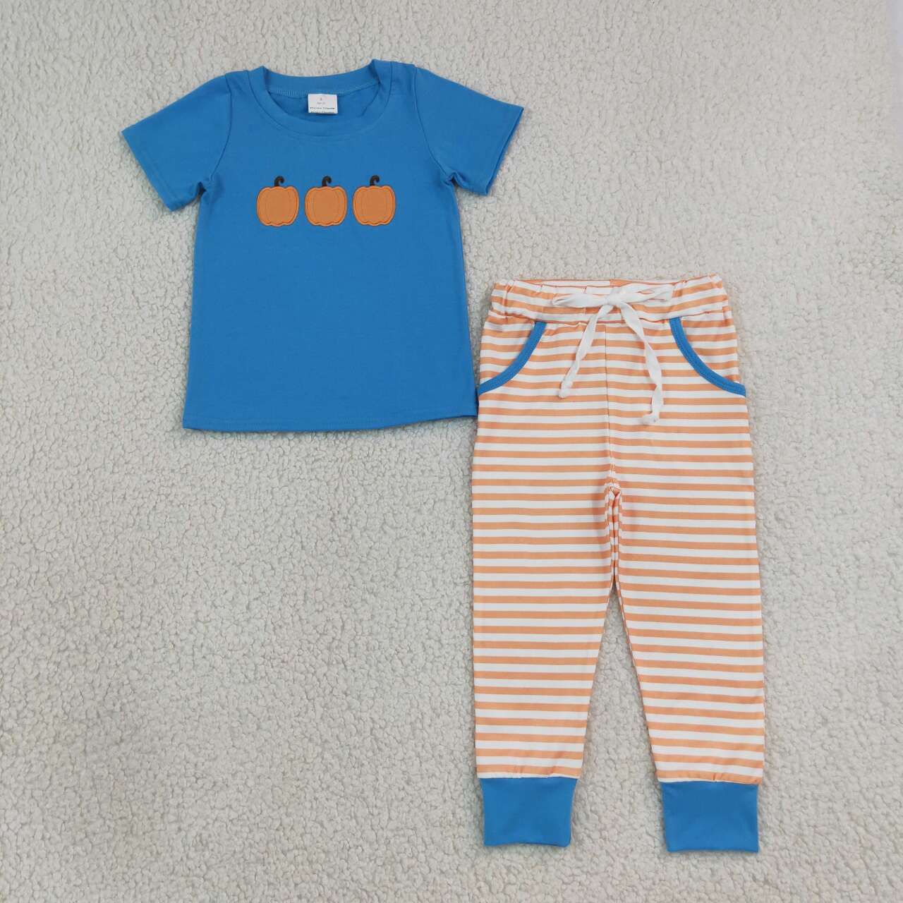 BSPO0693 Pumpkin Embroidery Blue Top Orange Stripes Pants Boys Fall Clothes Set
