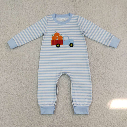 LR1023 Pumpkin Embroidery Truck Striped Baby Boys Fall Long Sleeve Romper