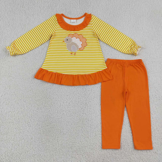 GLP3493 Turkey Embroidery Stripes Top Orange Legging Pants Girls Thanksgiving Clothes Set