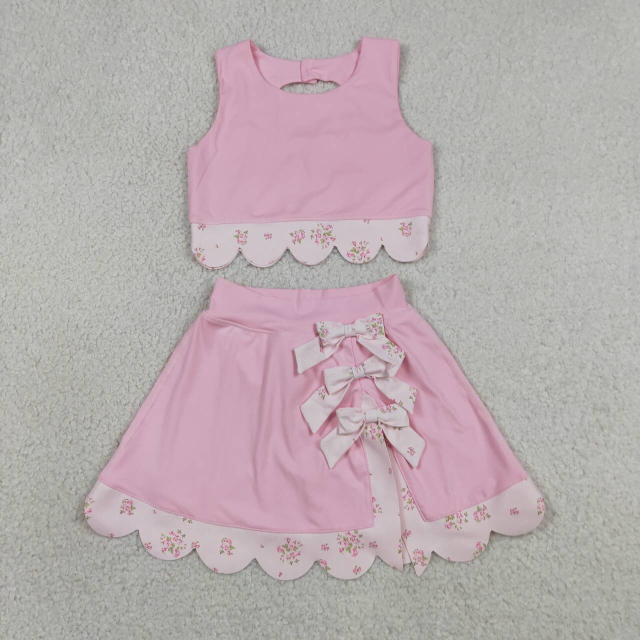 Pink Tank Top Bows Skort Girls Scallop Yoga Clothes Set